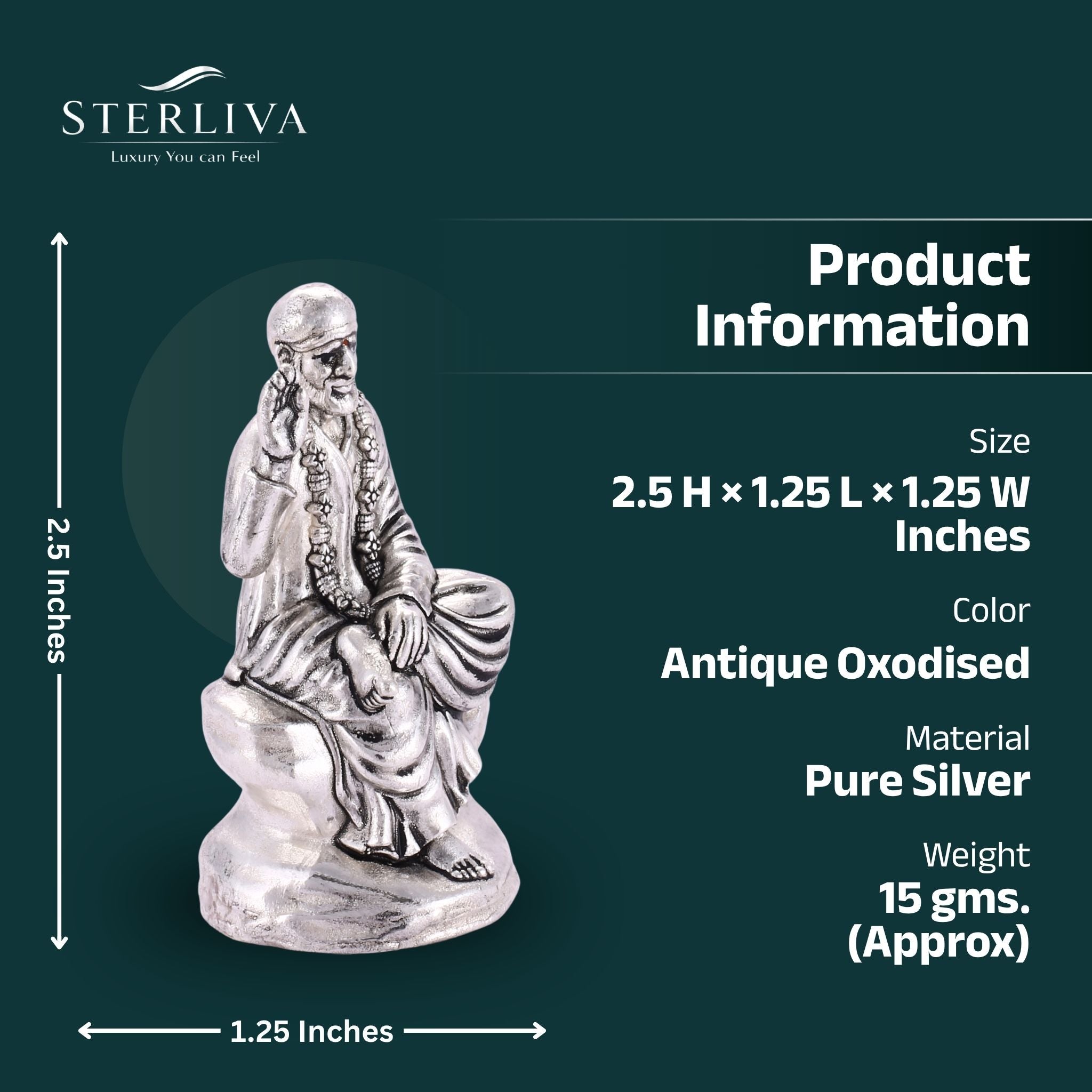 Sterliva Pure Silver Shirdi Sai Baba Devotional Sitting Idol