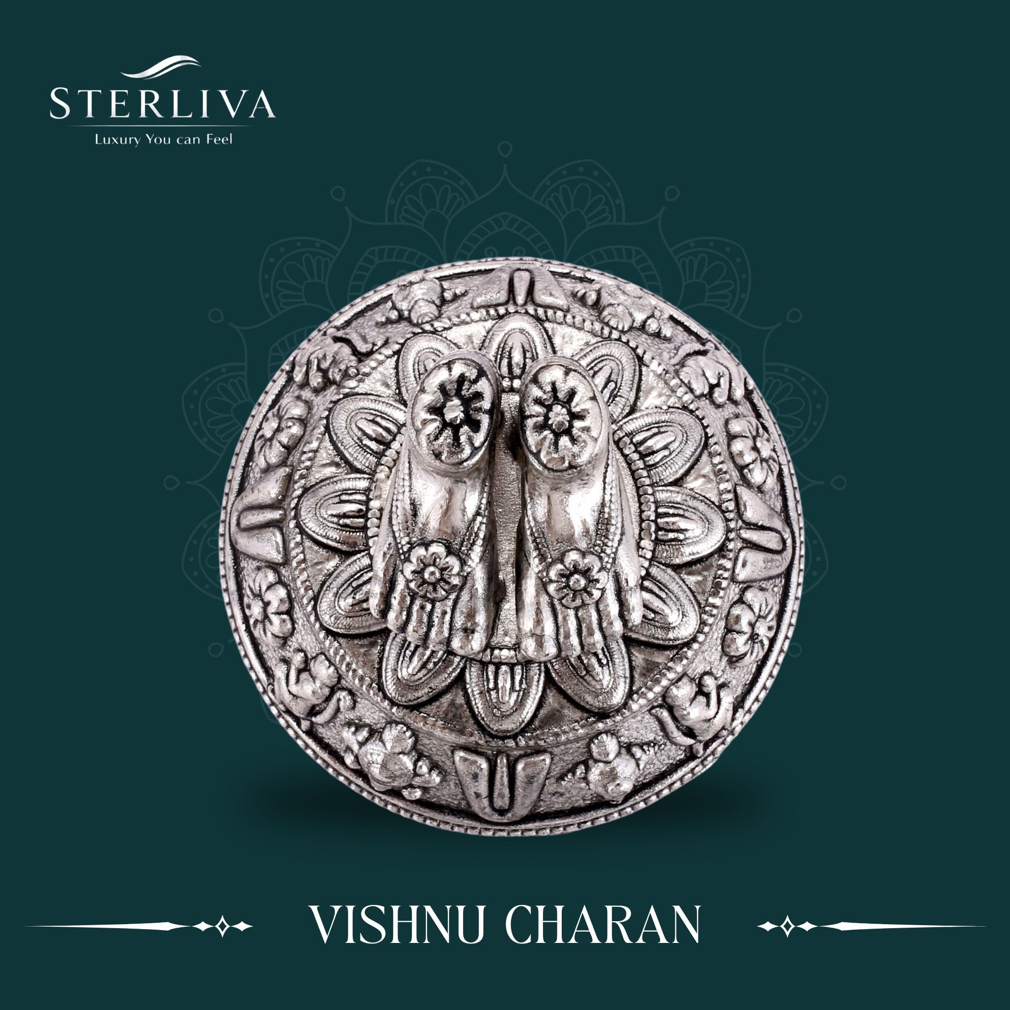 Sterliva Pure Silver Lord Vishnu Charan Paduka on Ornate Domed Base