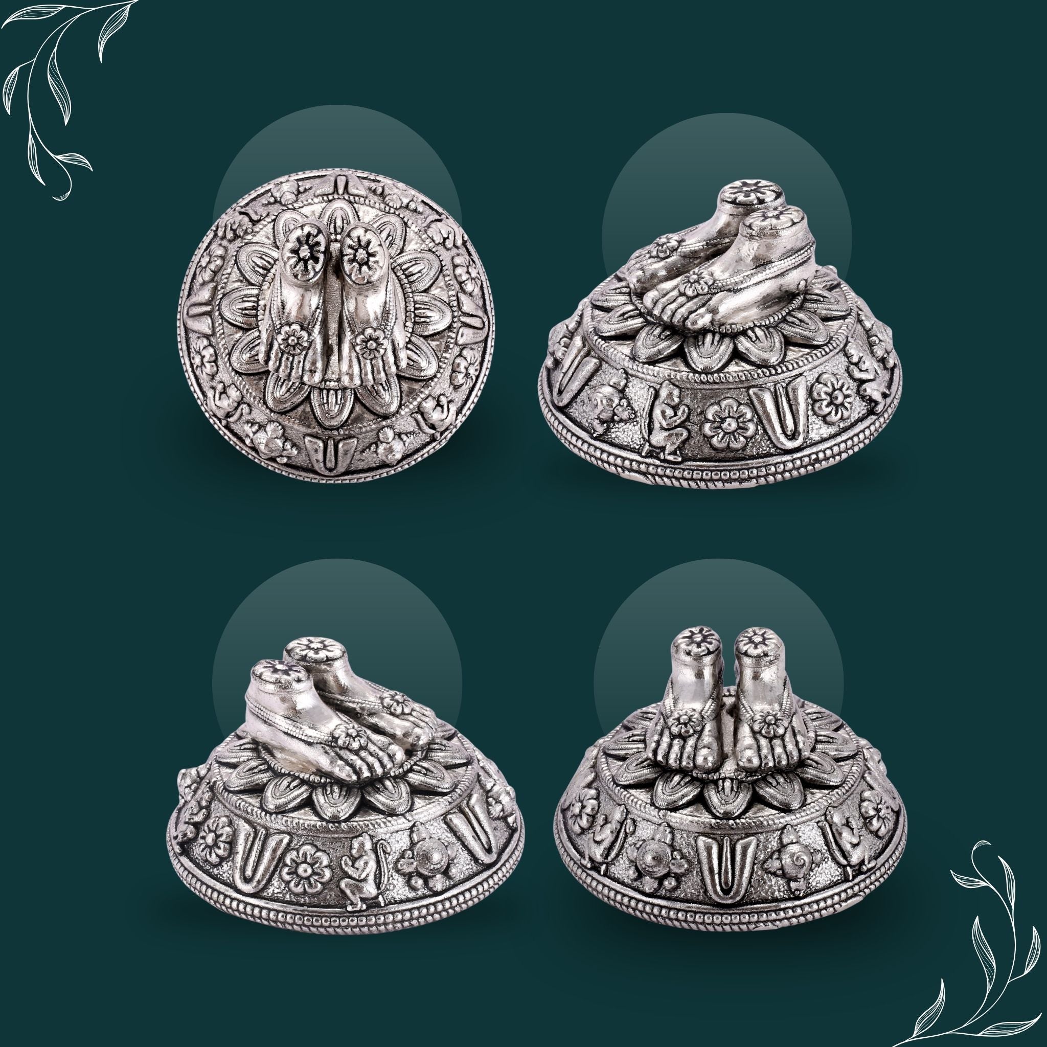 Sterliva Pure Silver Lord Vishnu Charan Paduka on Ornate Domed Base