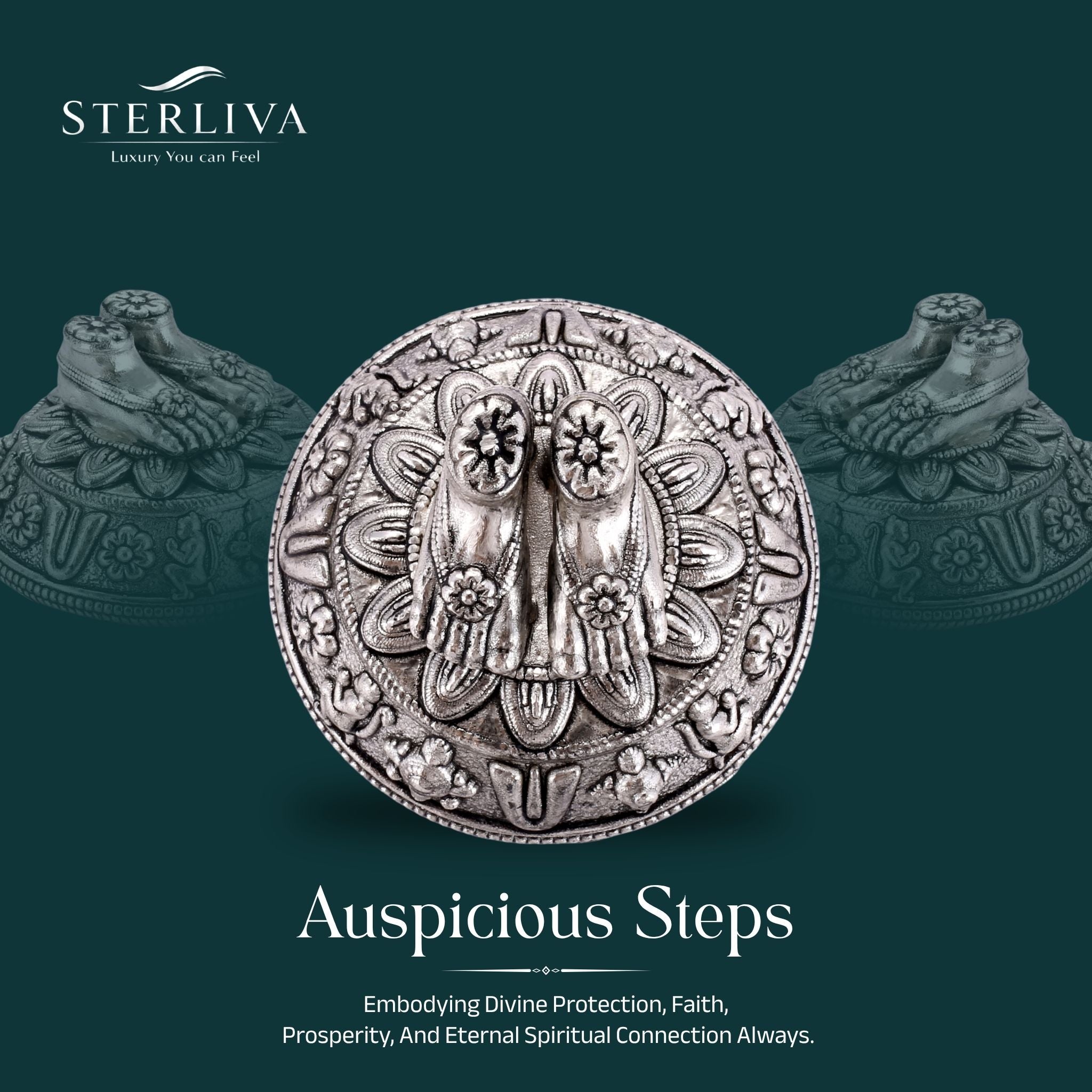 Sterliva Pure Silver Lord Vishnu Charan Paduka on Ornate Domed Base