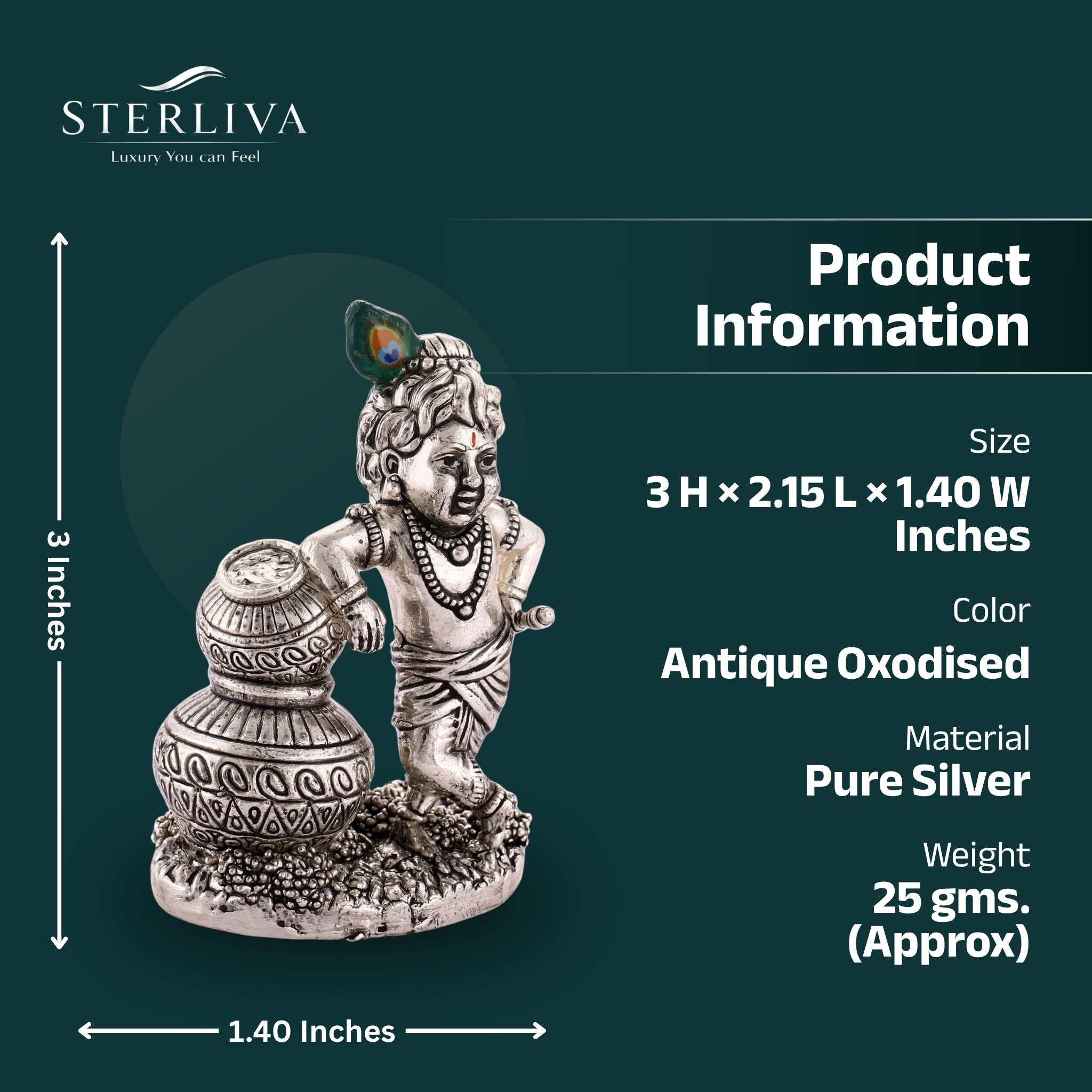 Sterliva Pure Silver Antique Oxidised Lord Krishna Matki Idol