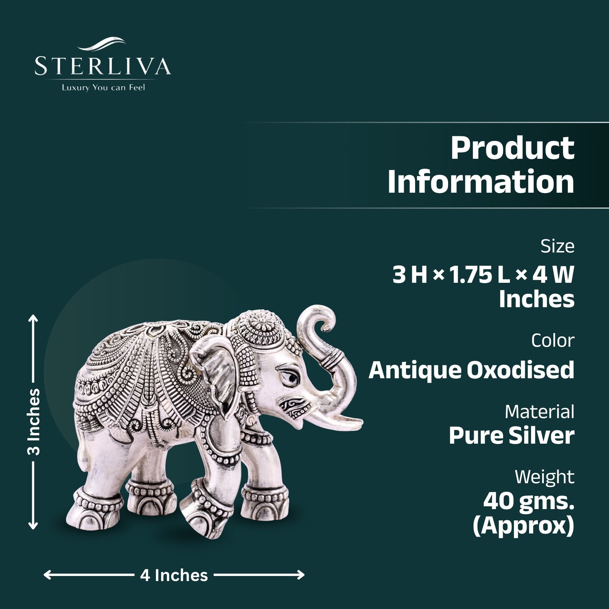 Sterliva Pure Silver Antique Oxidised Elephant Idol