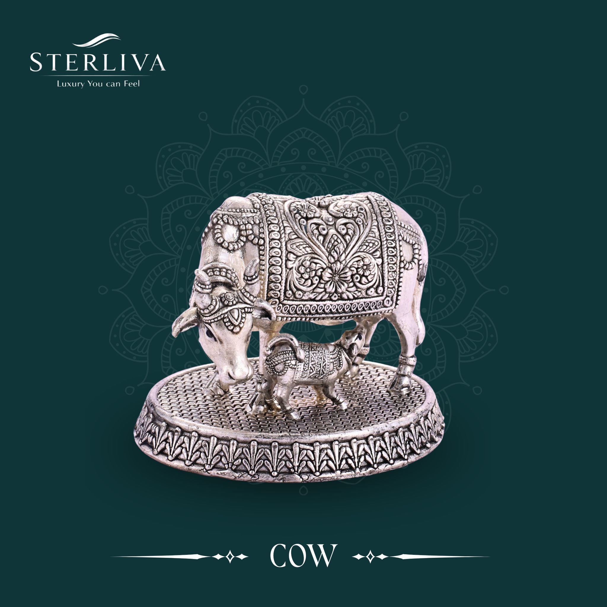 Sterliva Pure Silver Kamdhenu Cow and Calf Idol on Round Textured Base