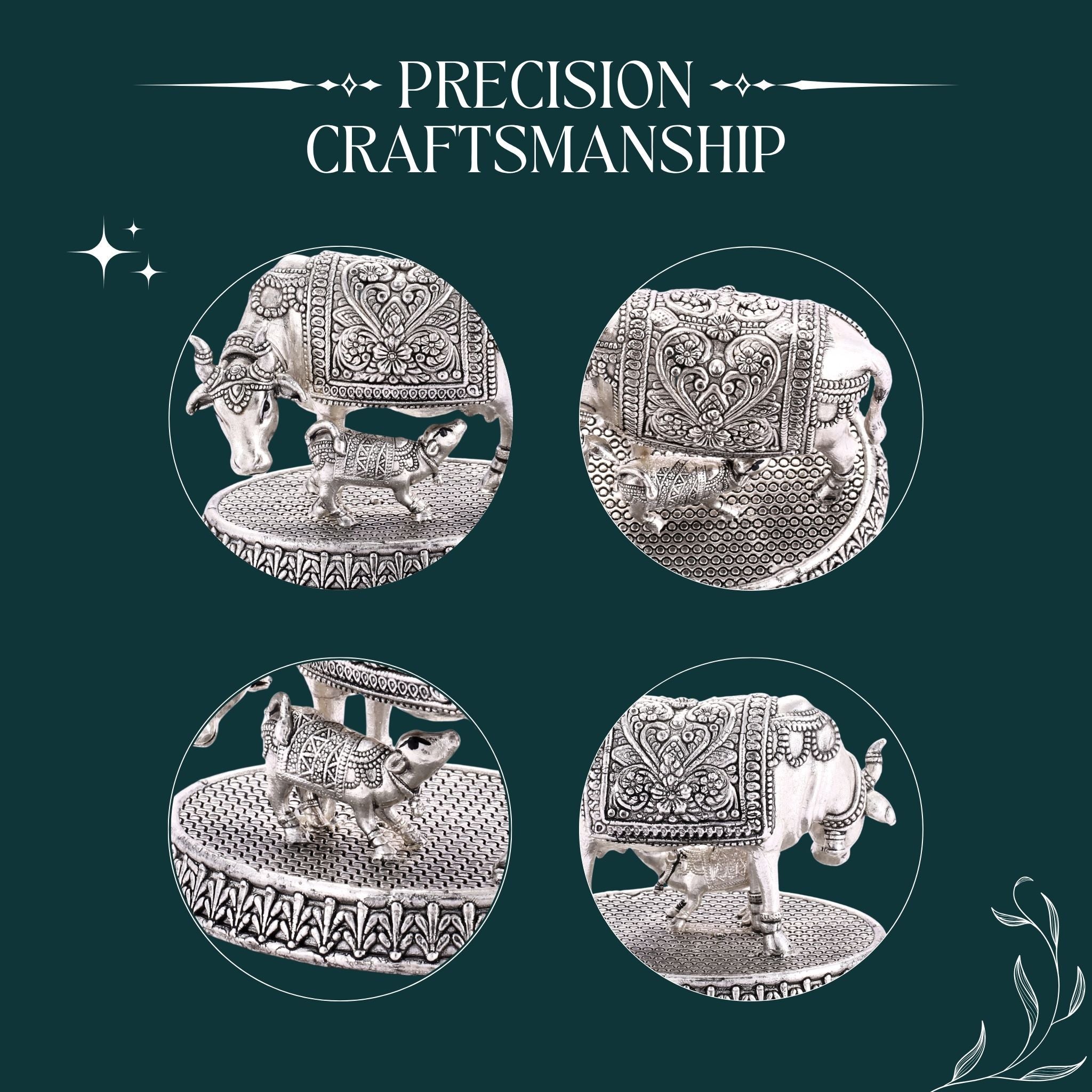 Sterliva Pure Silver Kamdhenu Cow and Calf Idol on Round Textured Base