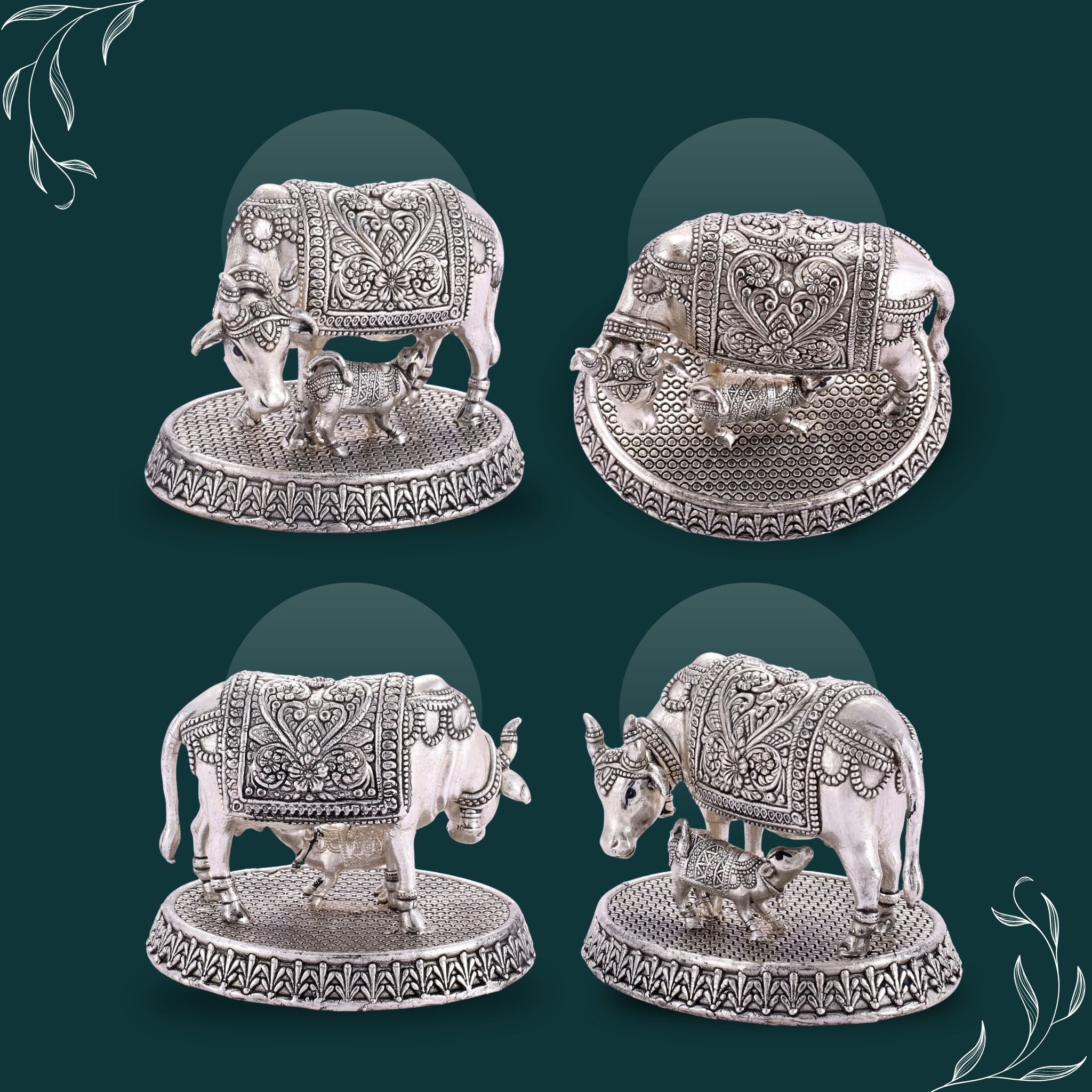Sterliva Pure Silver Kamdhenu Cow and Calf Idol on Round Textured Base