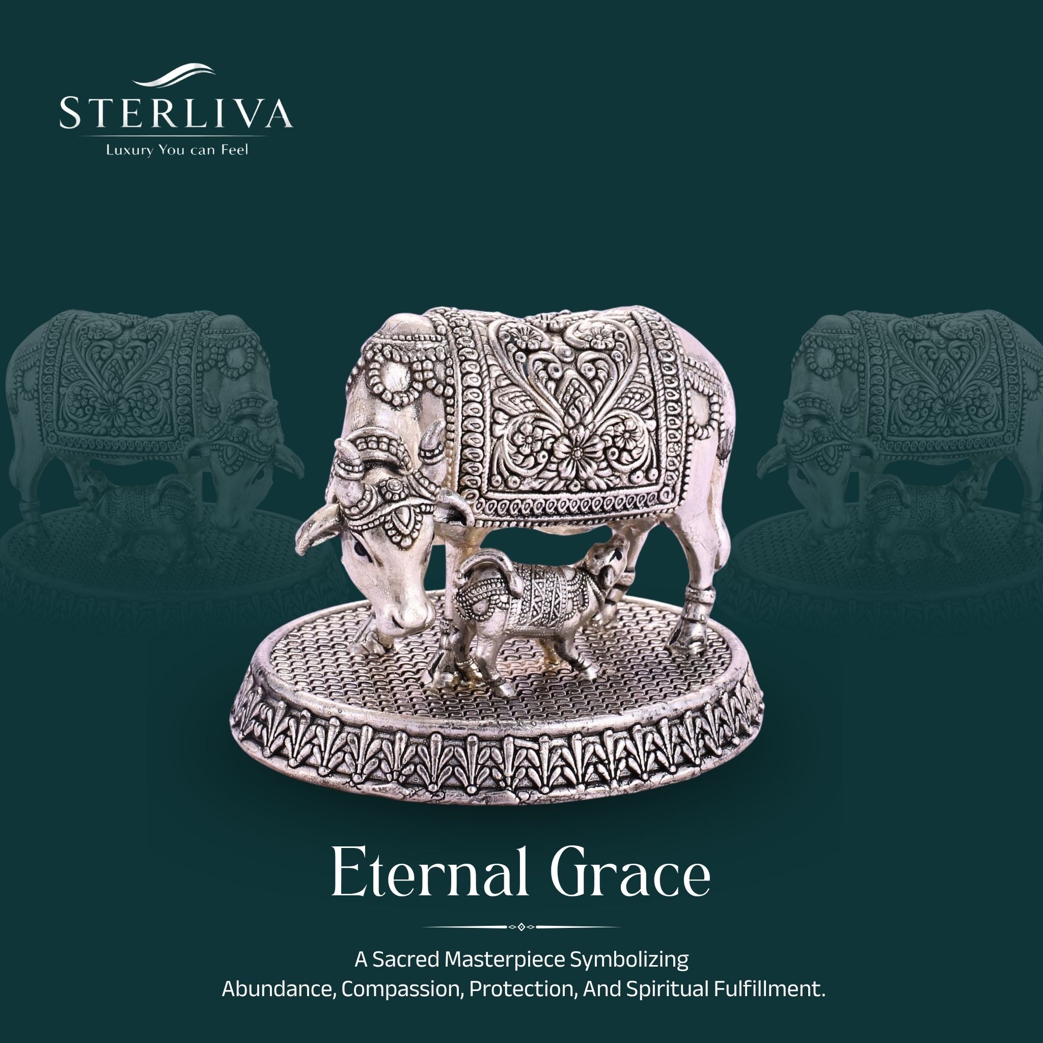 Sterliva Pure Silver Kamdhenu Cow and Calf Idol on Round Textured Base