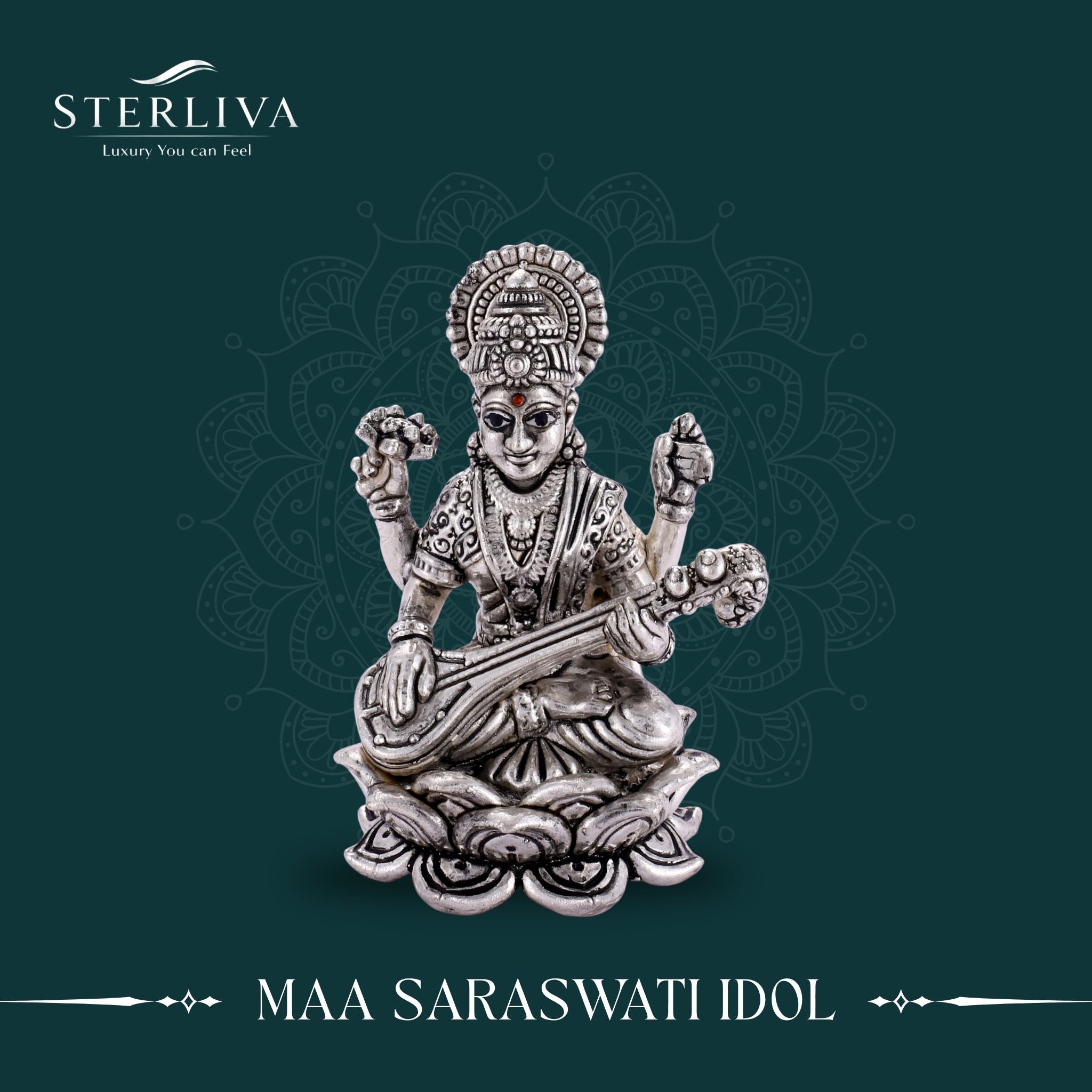 Sterliva Pure Silver Devi Maa Saraswati Lotus Base Idol