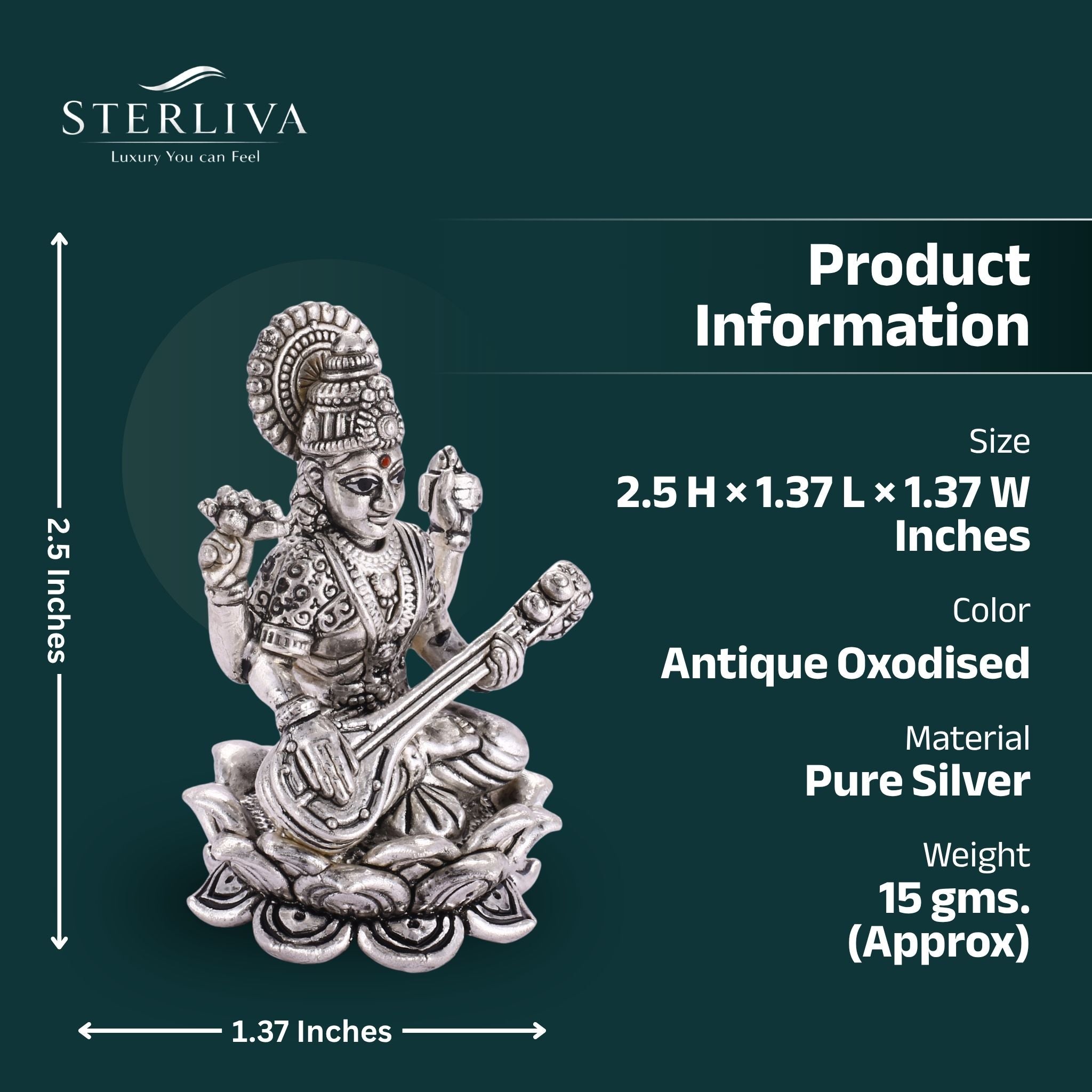 Sterliva Pure Silver Devi Maa Saraswati Lotus Base Idol
