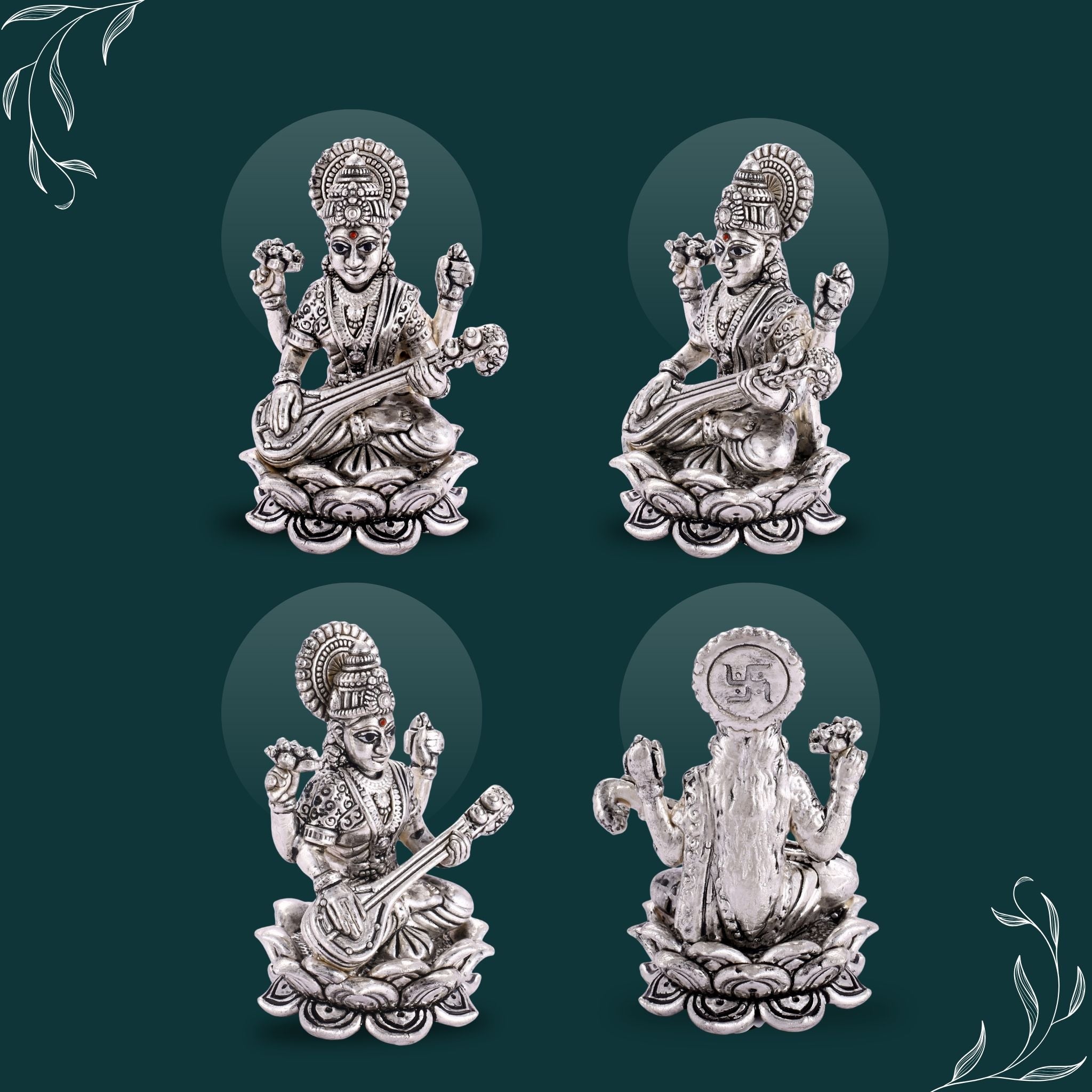 Sterliva Pure Silver Devi Maa Saraswati Lotus Base Idol
