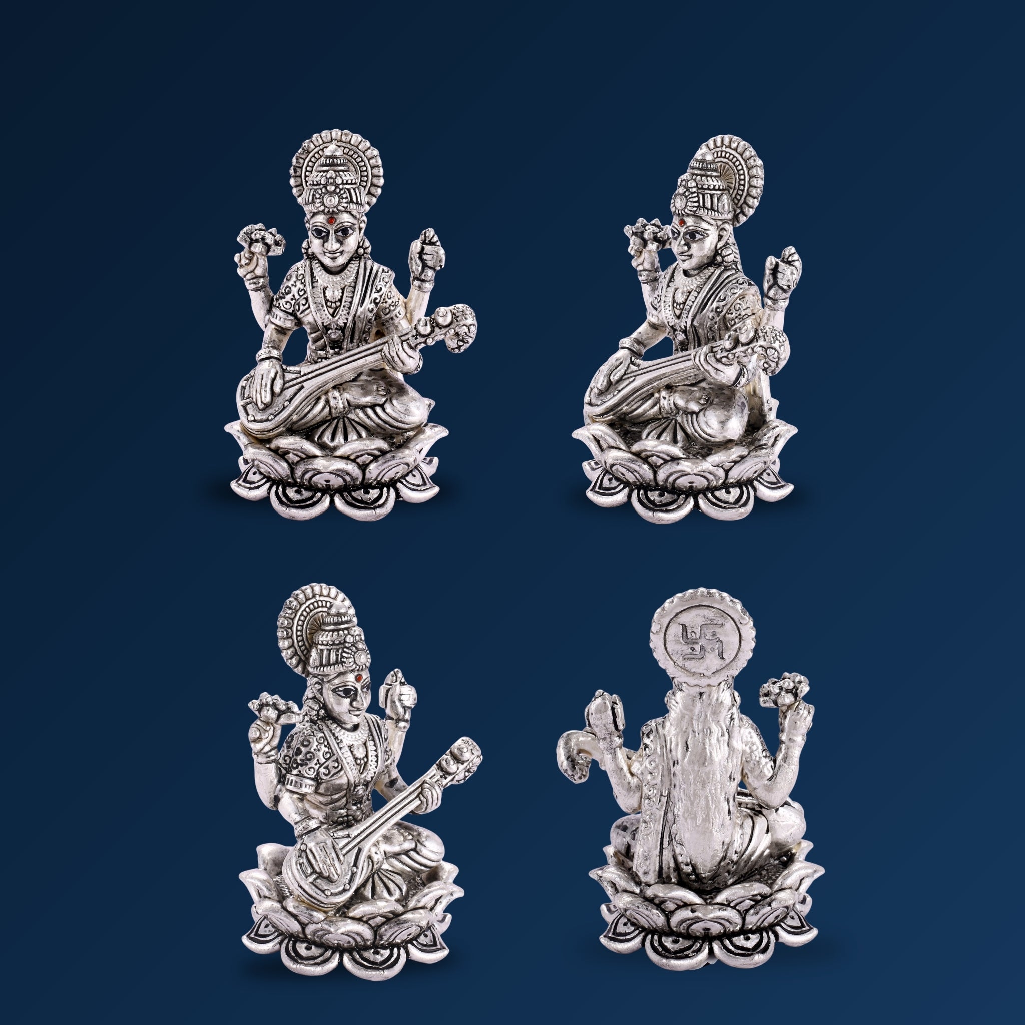 Sterliva Pure Silver Devi Maa Saraswati Lotus Base Idol