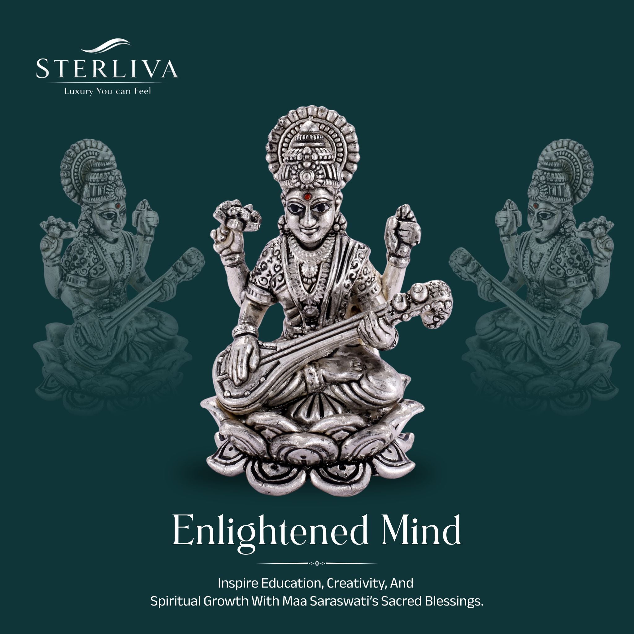 Sterliva Pure Silver Devi Maa Saraswati Lotus Base Idol
