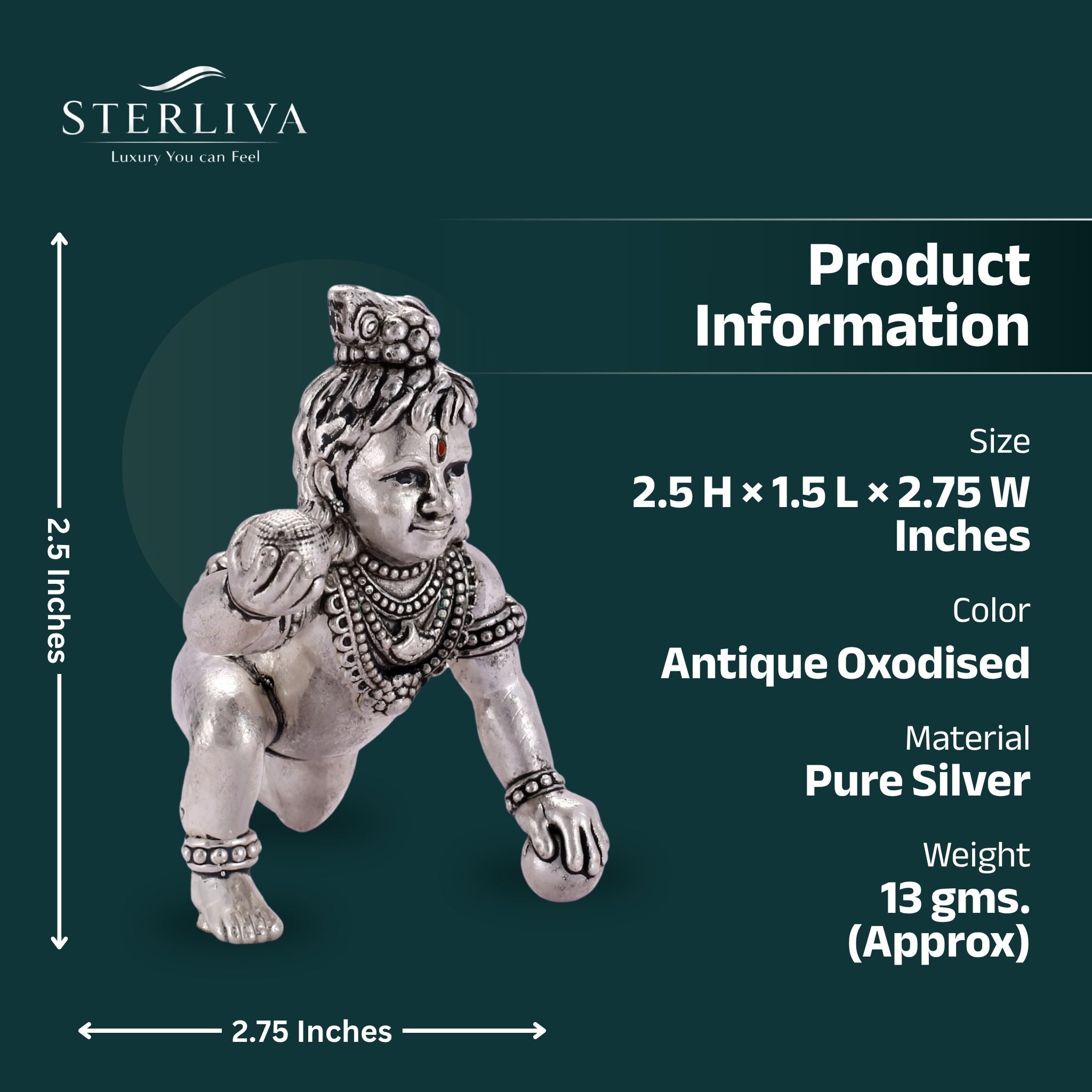 Sterliva Pure Silver Crawling Bal Krishna Laddu Gopal Silver Figurine