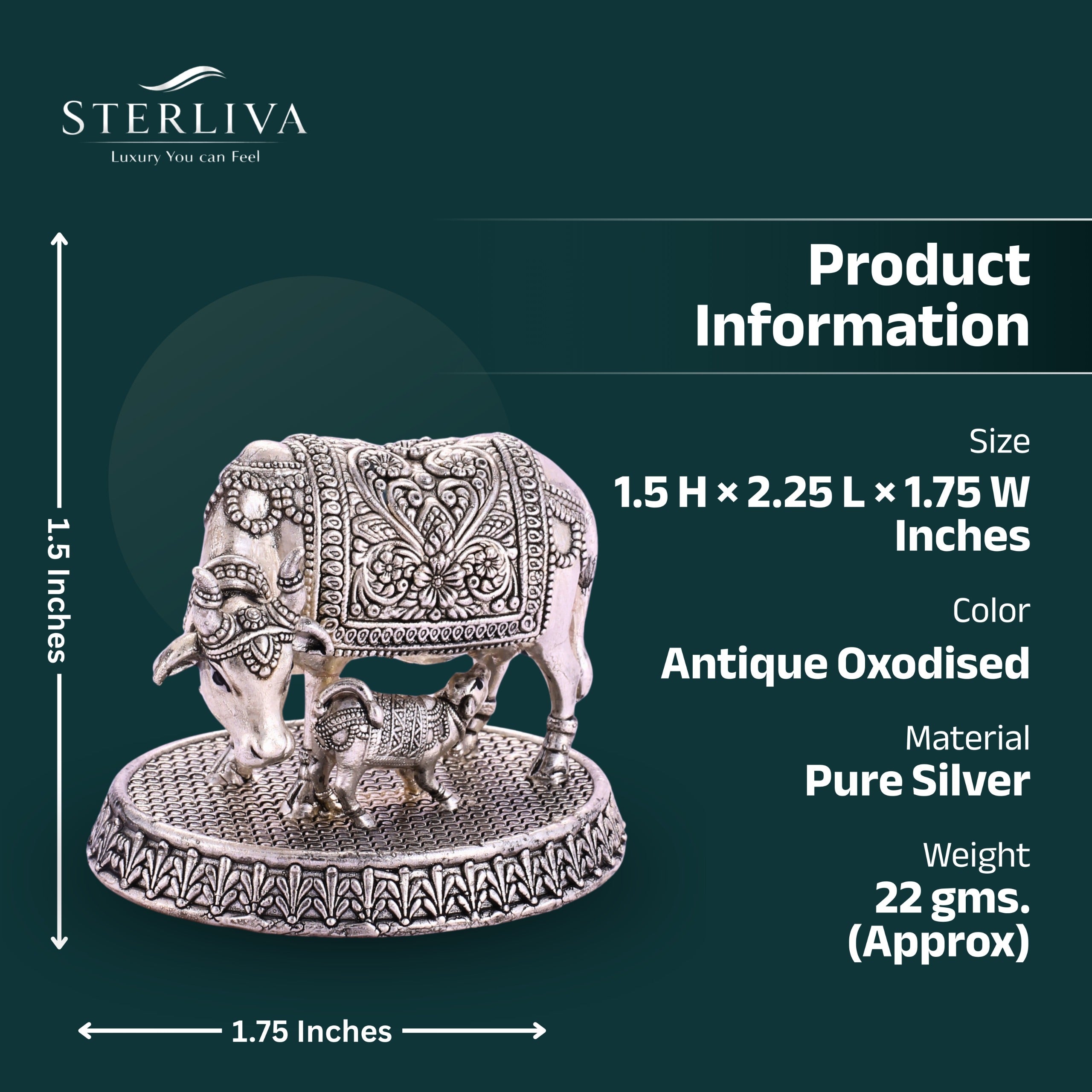 Sterliva Pure Silver Kamdhenu Cow and Calf Idol on Round Textured Base